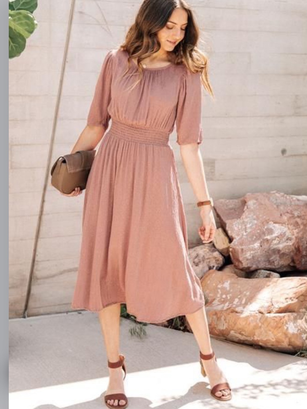 Bohme Puff Sleeve Midi Dress Women's Medium Blush Pink Smoked Waist Boho Summer